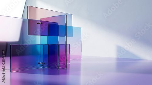 Abstract Geometric Composition of Translucent Neon Blue Purple Colored Glass Panel with Light Shadow on Minimalist Wall