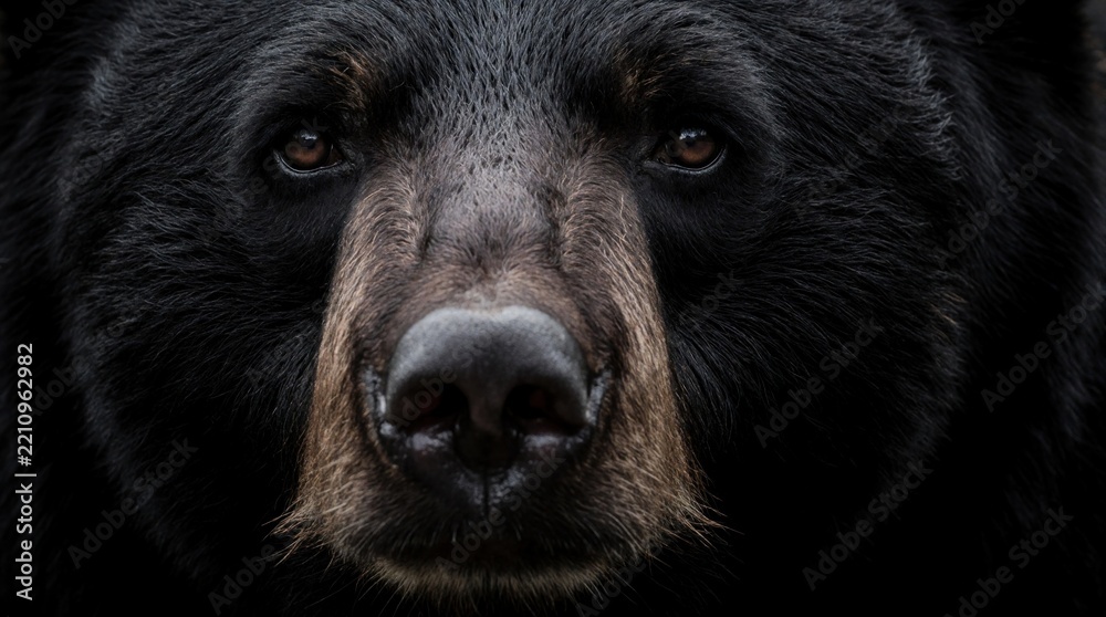 Obraz premium Extreme macro closeup of black bear face. Detailed view shows wet nose, dark eyes, thick fur texture. Wild animal predator looks directly at camera. Natural wilderness portrait of grizzly mammal in