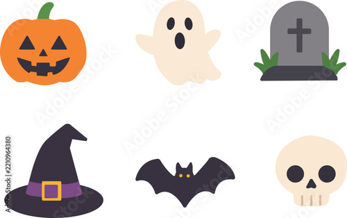 Cute Halloween vector icons set including a grinning jack o lantern pumpkin, a friendly ghost, a spooky tombstone, a witch hat, a flying bat, and a human skull for seasonal holiday designs