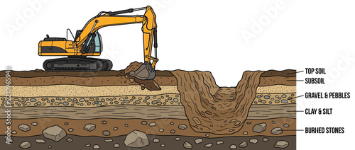 Excavator digging trench through layered soil strata
