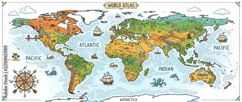 Illustrated World Map with Vintage Ships and Compass Rose