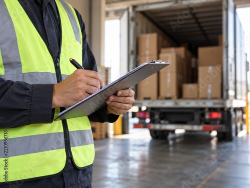 A logistics worker in a high-visibility vest checks inventory using a clipboard outside a truck.