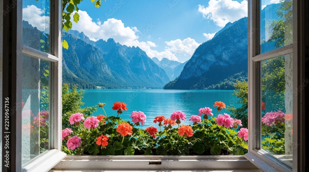 Fototapeta premium Open window view of blue lake, high mountains. Pink, orange geranium flowers bloom on white window sill. Beautiful summer landscape with calm water, green trees, bright sky. Peaceful nature scenery