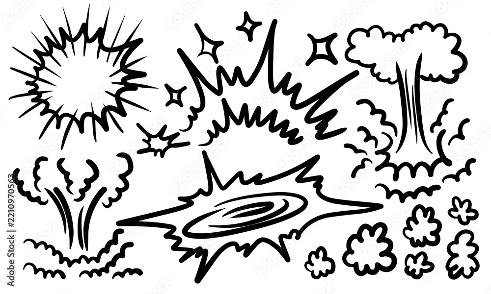 Fototapeta premium Comic boom cartoon effect line element set. Boom, explosive splash smoke. Hand drawn sketch doodle explosive element. Vector illustration.