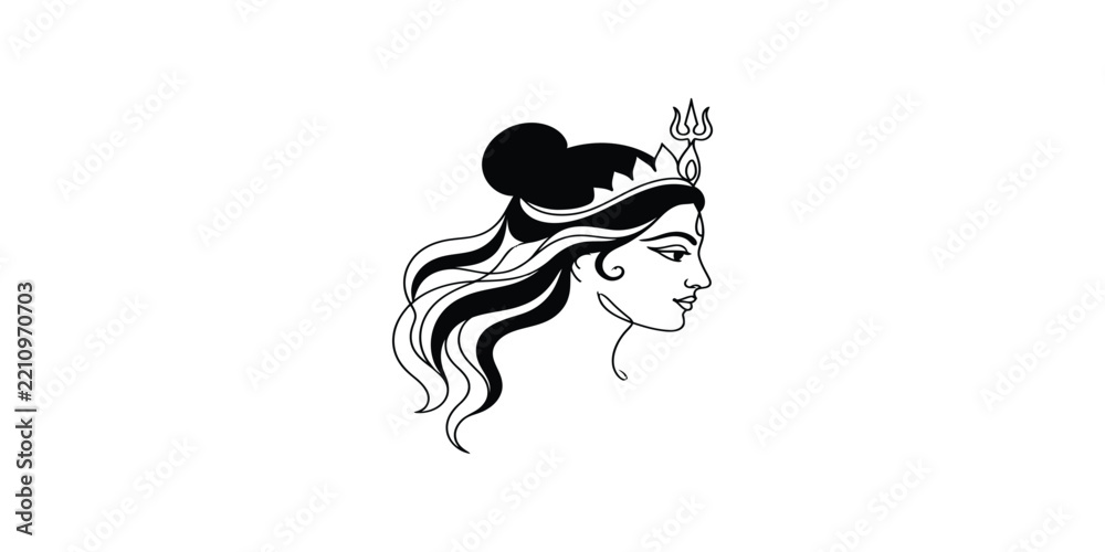 Fototapeta premium Elegant black and white vector illustration of a goddess profile adorned with a trident crown, flowing hair, and serene expression.