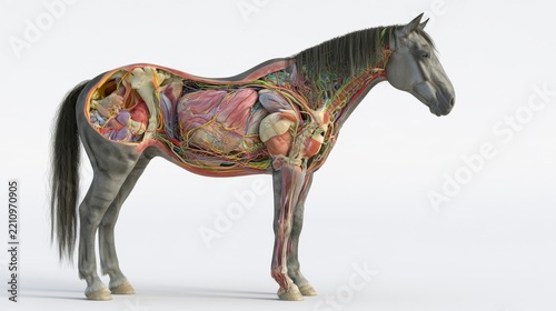 Detailed anatomical illustration of a horse's internal organs and circulatory system