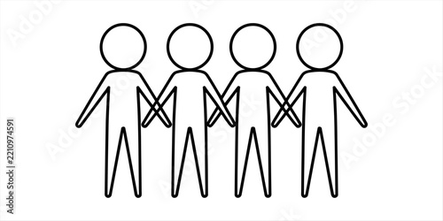 Four stick figure people holding hands in a line representing friendship and teamwork concept