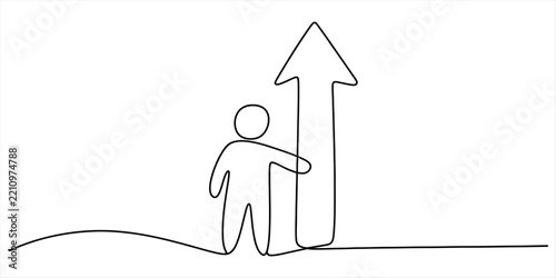 Continuous single line drawing of a person standing next to a big arrow pointing up for business growth and success