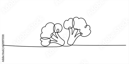Continuous single line drawing of two broccoli vegetables for healthy food and vegan diet concept art