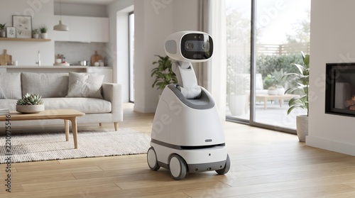Autonomous service robot standing in a bright modern living room