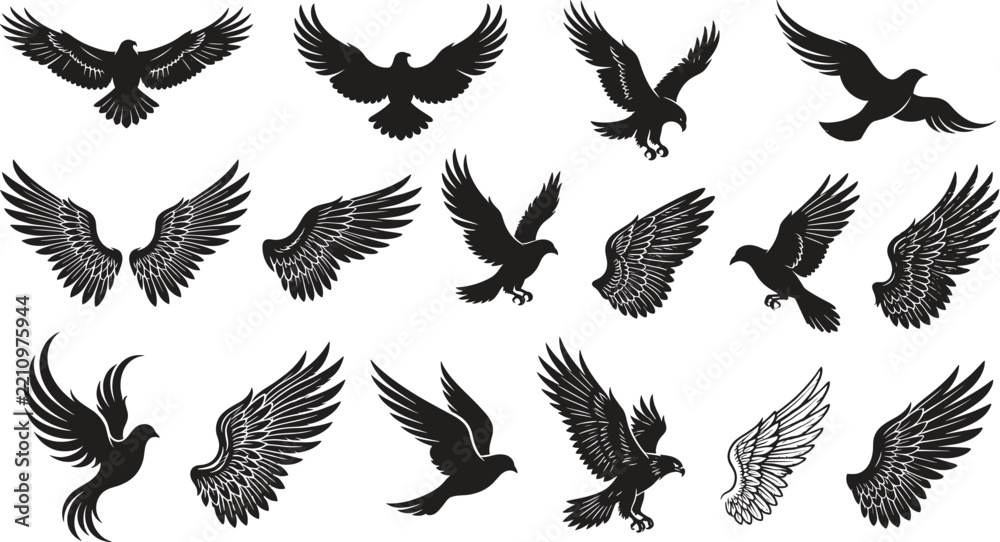 Obraz premium Flying birds and wings silhouette icons set featuring eagle hawk falcon and dove black vector illustrations isolated on white