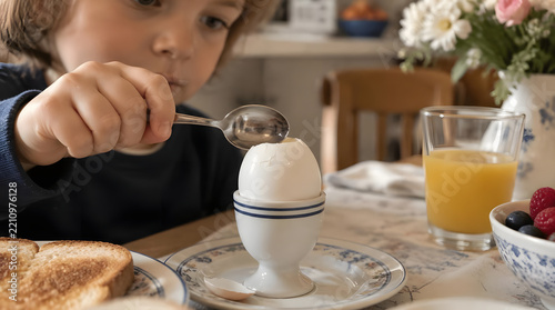 Young child eating a boiled egg for breakfast.