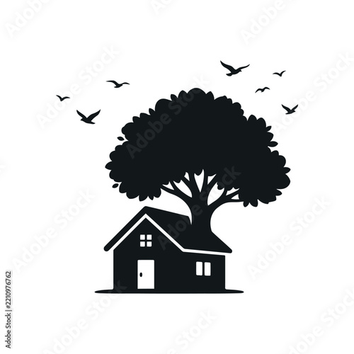 Eco Home Tree,Sustainable Home Under a Large Tree with Flying Birds Silhouette Vector
