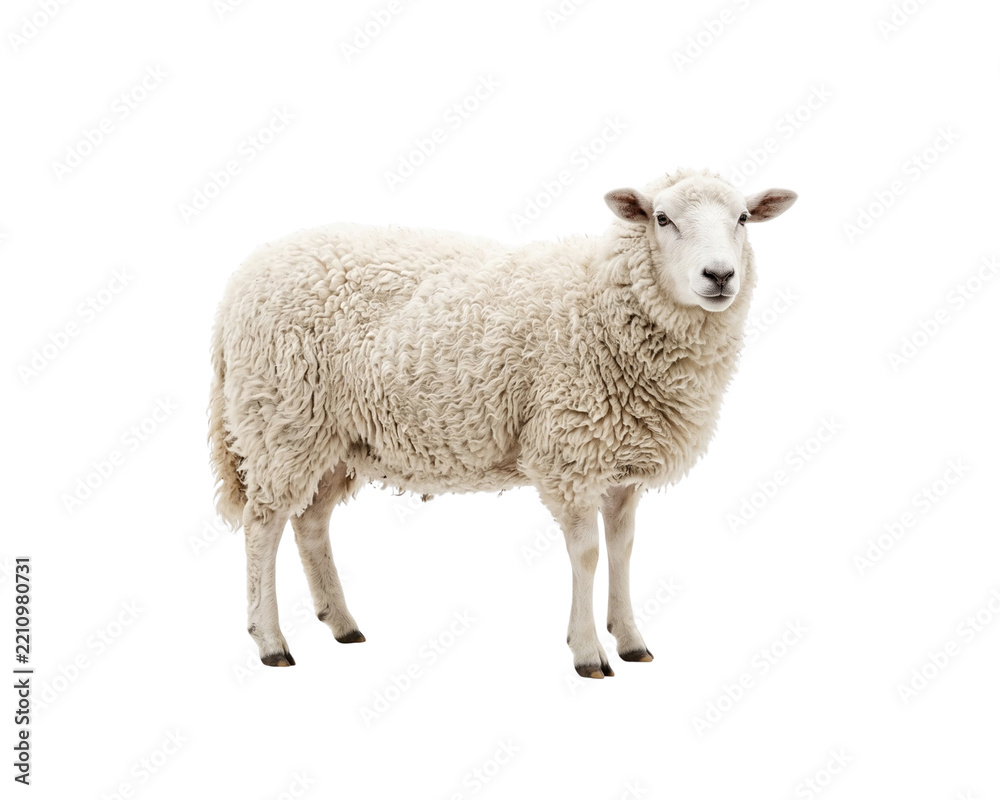 Fototapeta premium White Sheep Standing Isolated on Black Background
