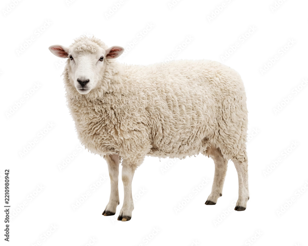Fototapeta premium White Sheep Standing Isolated on Black Background