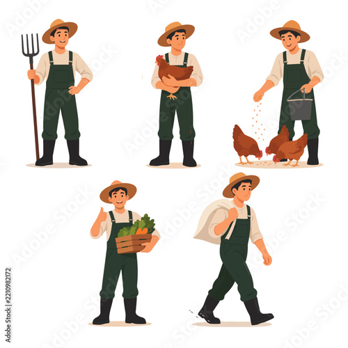Set of Farm Workers and Farmers in Flat Illustration Style
