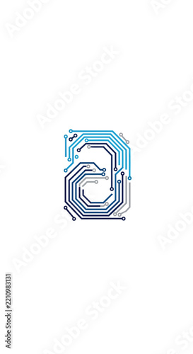 A lowercase letter 'a' designed with intricate blue and grey circuit board patterns on a white background, representing technology and digital concepts.