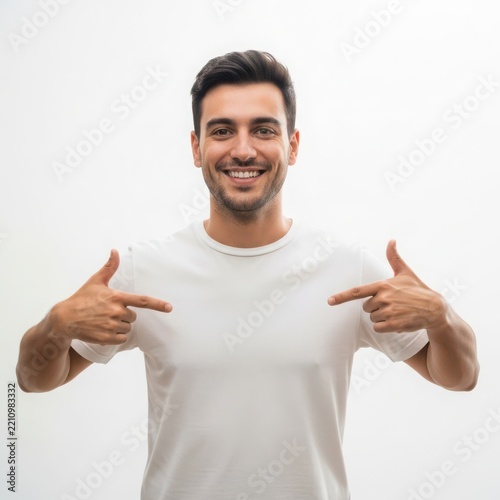 Smiling man pointing both hands forward with thumbs up