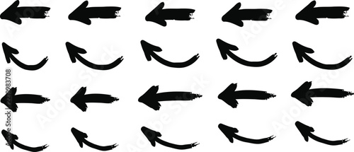 Hand drawn left pointing arrow collection with curved and straight grunge brush strokes, doodle directional symbols for creative graphic design