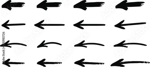 Hand drawn left arrows collection, rough grunge brush strokes, directional symbols, sketch elements, navigation icons, isolated graphic design assets