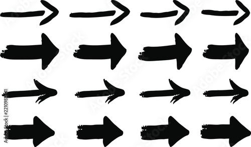 Hand drawn right pointing arrow collection, rough grunge brush strokes, doodle directional symbols for web design, social media, posters, branding