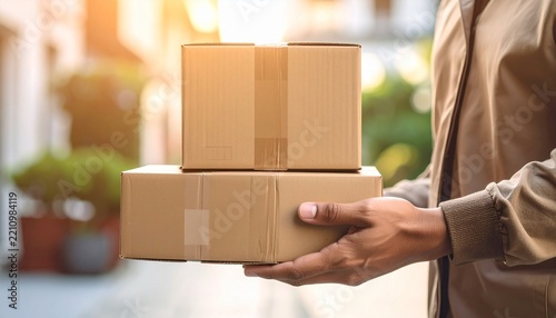 Professional Delivery Worker Holding Cardboard Packages in a Close Up View