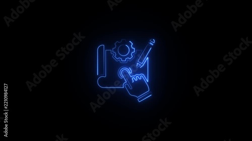 Neon blue blueprint gear and pencil icon animation, digital project planning and engineering concept