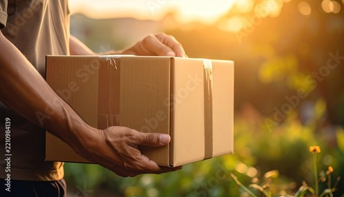 Close Up of Delivery Man Holding Cardboard Boxes for Shipping and Logistics