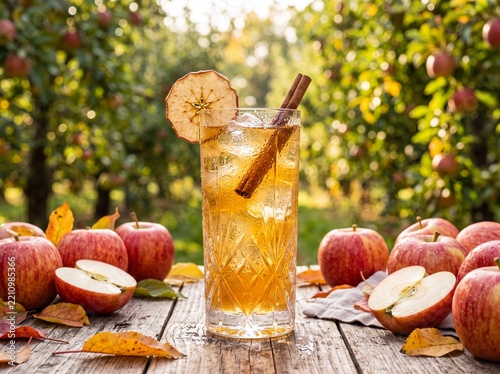 Chilled Honeycrisp Apple Cider Under Golden Dappled Orchard Sunlight