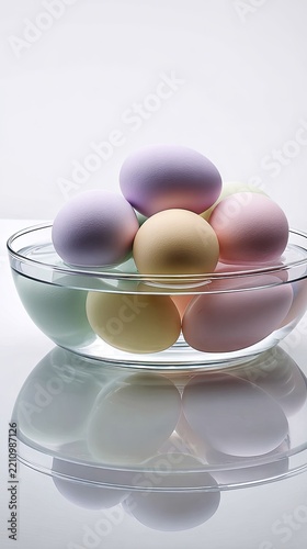 Colorful eggs in a glass bowl
