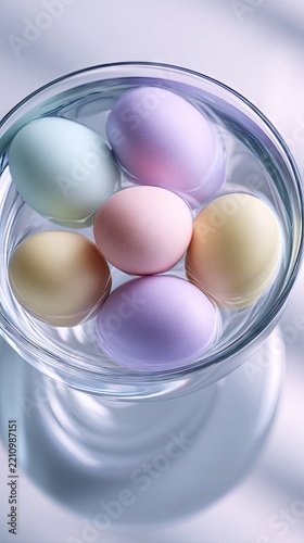 Colorful eggs in glass bowl