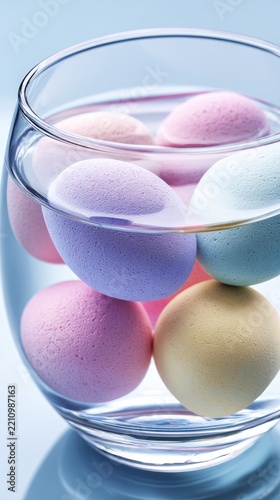 Colorful eggs in glass bowl