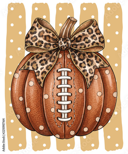 Cute football pumpkin with leopard print bow shirt design for autumn and fall season decor isolated on transparent background