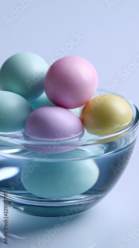Colorful eggs in glass bowl