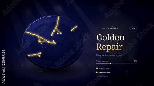 Kintsugi Golden Repair, Cracked Ceramic Plate Healed with Gold, Software Update Animation