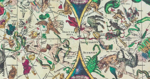 panning view of the allegoric representation of the constellations on a vintage map