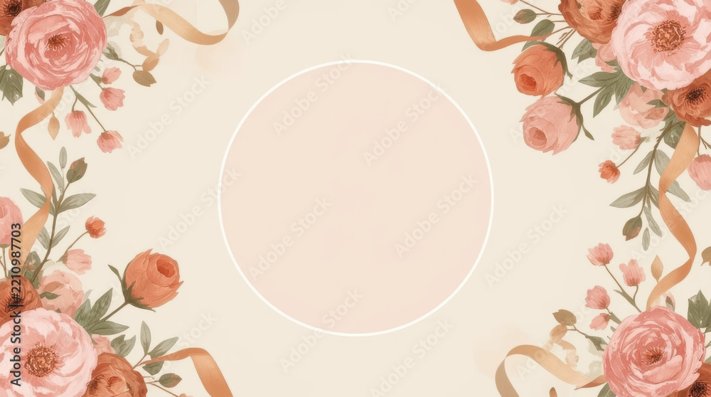 Fototapeta premium Floral wedding background with rose border and empty circle frame in pastel colors
