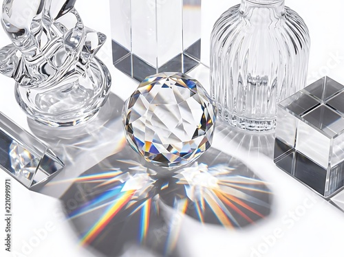 Glass prisms and cube refracting light into rainbow colors on white