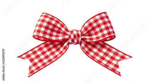 Red and white gingham ribbon bow isolated on white background