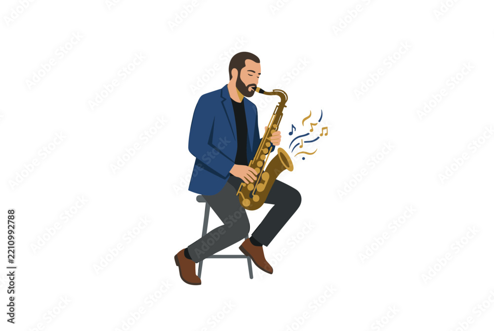 Fototapeta premium A bearded man playing saxophone while sitting on a stool