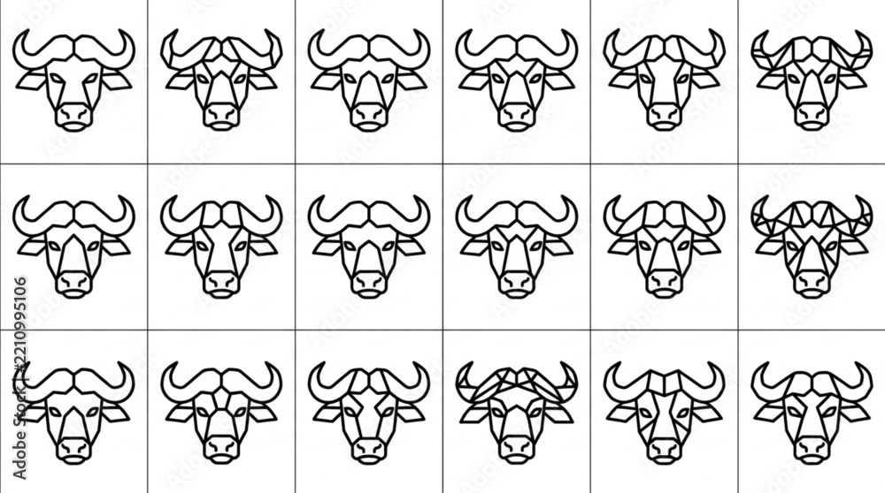 Fototapeta premium Dynamic Black and White Line Drawing Animation Sequence of African Buffalo Heads in Various Angles and Expressions