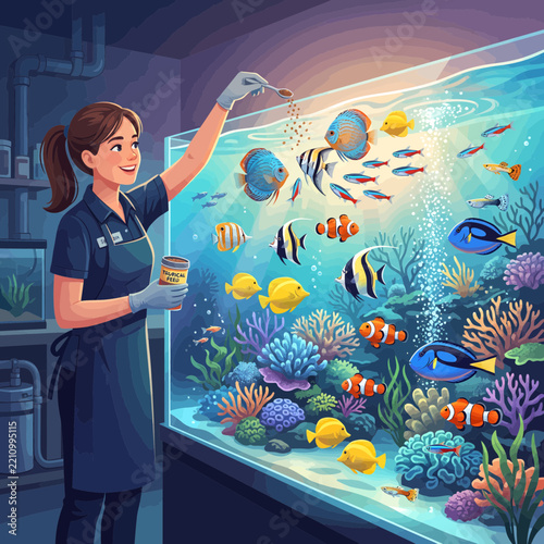 Aquarist Feeding Tropical Marine Fish in Large Coral Reef Aquarium Vector Illustration