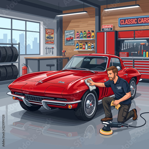 Mechanic Polishing Red Vintage Classic Sports Car in Auto Repair Garage Workshop Vector Illustration