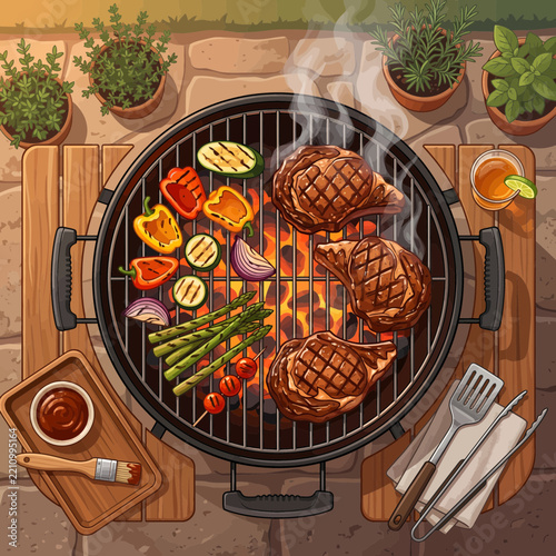 Barbecue Grill Top View with Beef Steaks Grilled Vegetables and Barbecue Sauce Vector Illustration