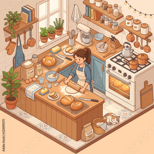 Woman Baking Fresh Bread in Cozy Home Kitchen Isometric Vector Illustration