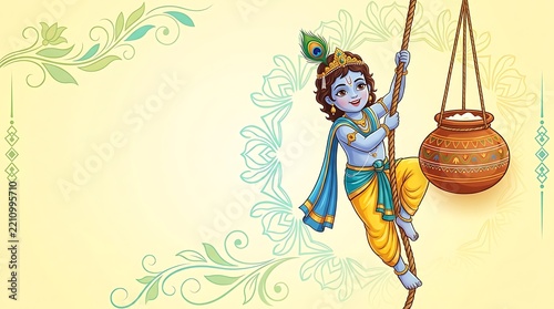Cute Krishna Child Climbing Rope with Pot on Right