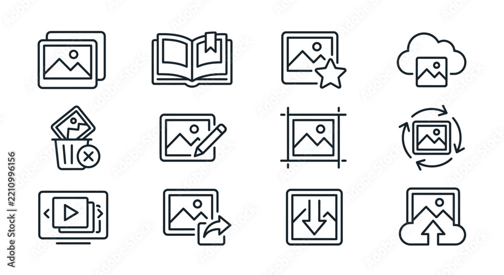 Fototapeta premium Collection of isolated graphic icons representing image editing, management, and cloud storage
