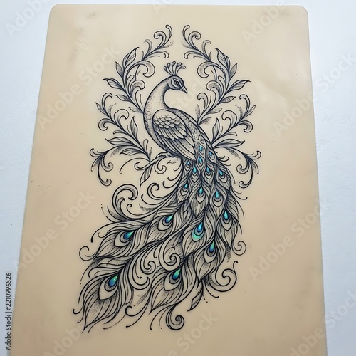 Detailed Peacock Tattoo Design with Flowing Feathers