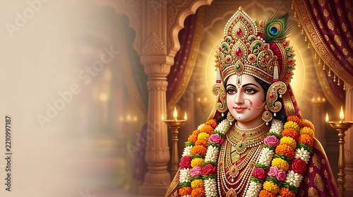 Divine Hindu Goddess Idol Adorned with Floral Garland in Sacred Temple