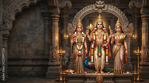 Divine Hindu Gods Trio Statue Shrine Atornate Arch Ancient Temple